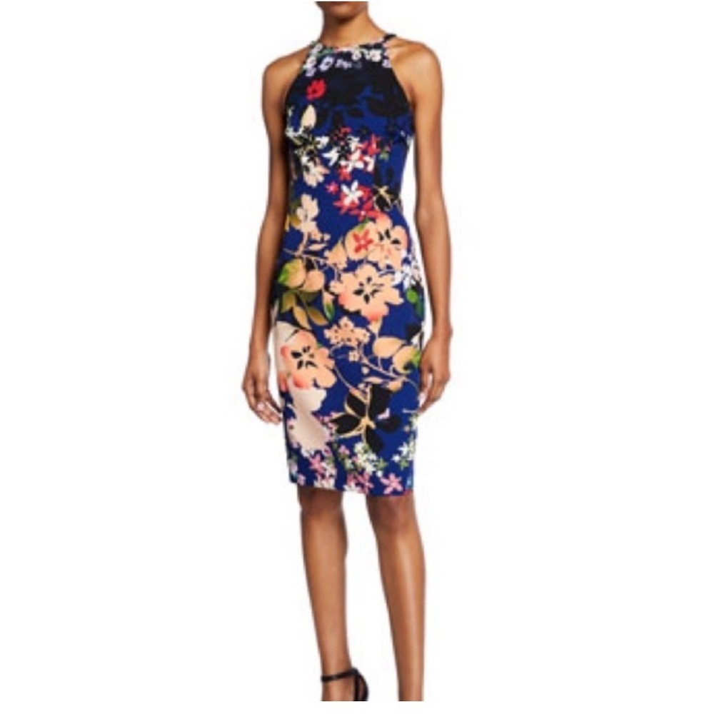 Black Halo Floral Halter Sleeveless Sheath Cocktail Dress size 6 Blue Orange